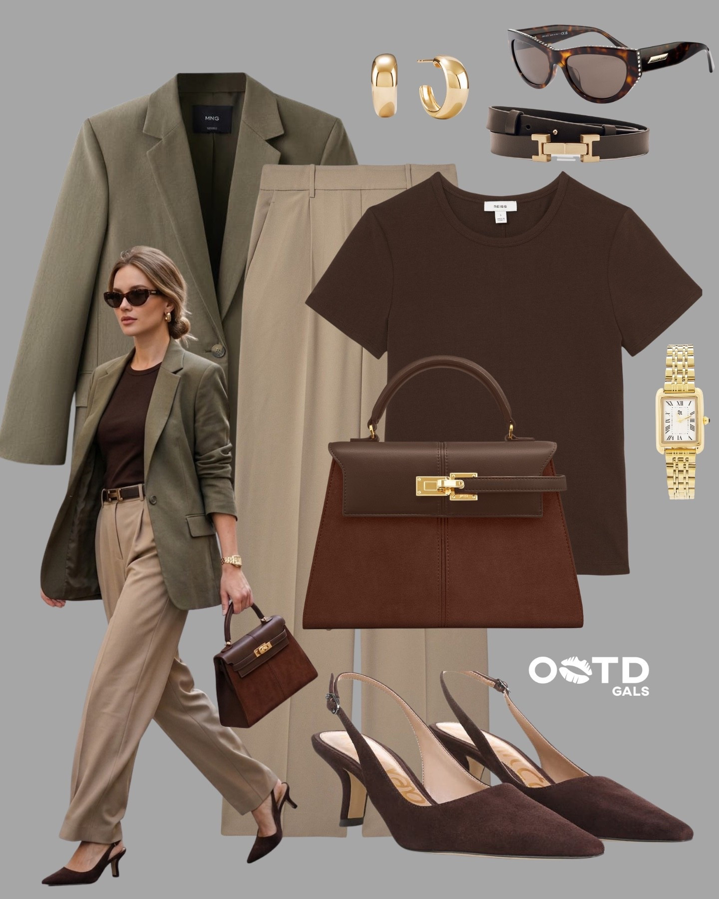 Quiet luxury in earthy tones 🤎🌿

Olive, chocolate, and warm beige come together for a look that feels effortless but elevated.

Minimal, refined, and timeless.

✨ Style Details:
• Olive blazer for a structured, modern layer  
• Chocolate brown tee for a rich, tonal base  
• High-waisted beige trousers to keep it soft and balanced  
• Dark brown slingback heels for a sleek finish  
• Structured brown bag to tie everything together  
• Gold watch & hoops for that subtle glow  
• Tortoiseshell sunglasses for a chic touch  

Neutral dressing, but make it powerful ✨

#LTKStyle #QuietLuxury #MinimalChic

#LTKootd #LTKgrwm #LTKSeasonal