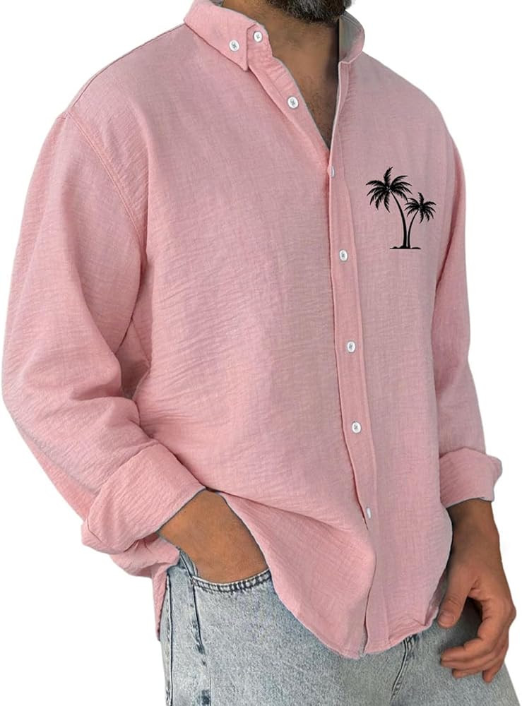Mens Resort Wear Palm Tree Graphic Long Sleeve Spread Collar Button Down Hawaiian Beach Shirts Tr... | Amazon (US)