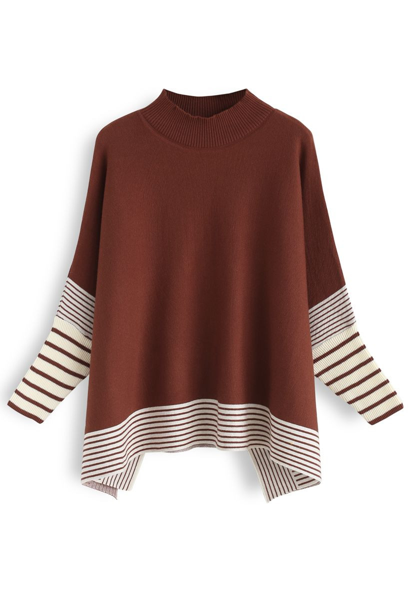 Lie in Caramel Fields Striped Oversize Knit Cape Sweater | Chicwish