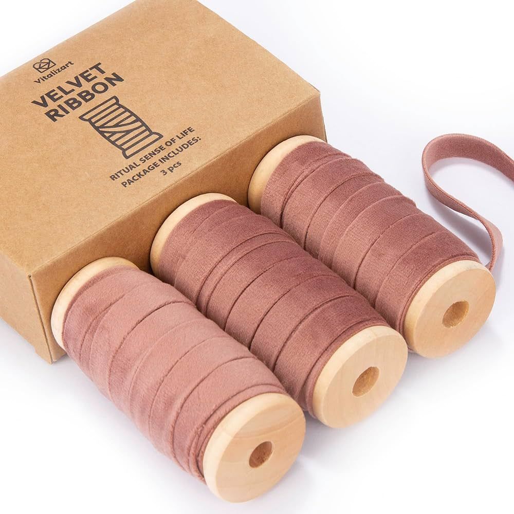 Vitalizart Rose Gold Velvet Ribbon Set 3/8"" x 15Yd Wooden Spool Fabric Trim Eco-Friendly 3 Rolls... | Amazon (CA)