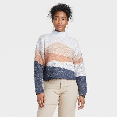 Women&#39;s Mock Turtleneck Trek Pullover Sweater - Universal Thread&#8482; Navy Geometric XS | Target