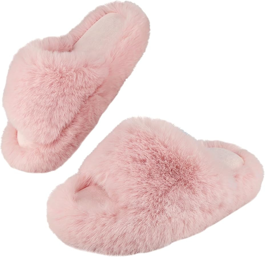 Girls Fuzzy Memory Foam Slippers Comfy丨Kids Fluffy Plush Open Toe House Slippers丨Slip On Furr... | Amazon (US)