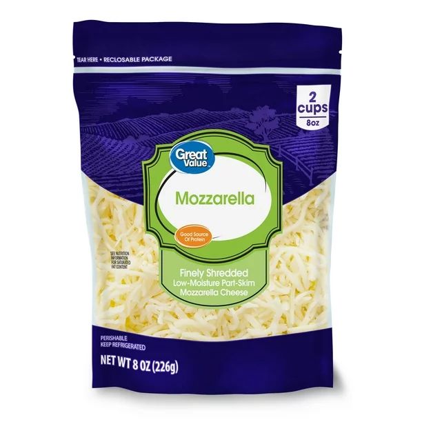 Great Value Finely Shredded Low-Moisture Part-Skim Mozzarella Cheese, 8 oz - Walmart.com | Walmart (US)