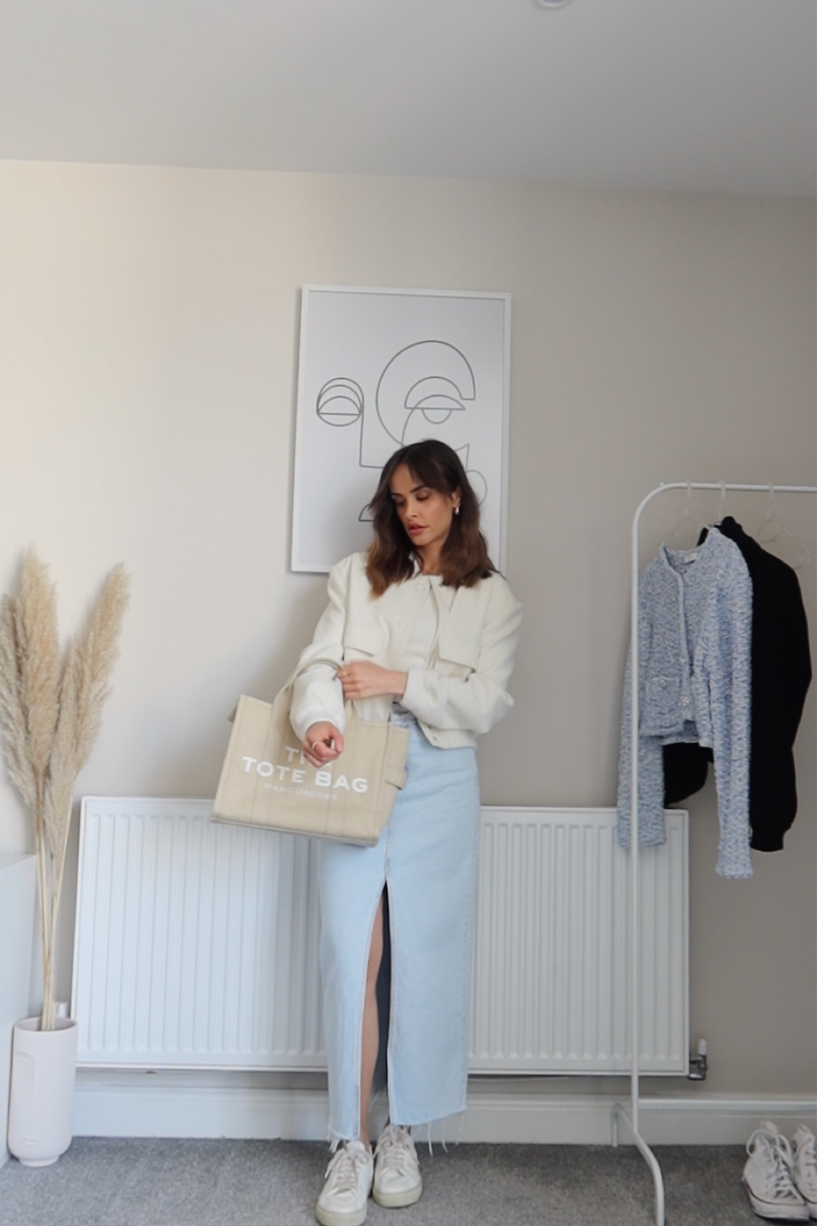 White cream shirt jacket, bomber cropped jacket, light denim maxi slit skirt, white trainers, marc jacobs tote bag 

#LTKeurope #LTKstyletip #LTKSeasonal