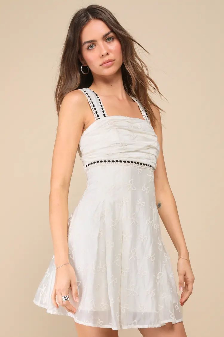 Ivory Bow Embroidered Crochet Trim Mini Dress | White Dress Summer | White Dress Beach | Lulus