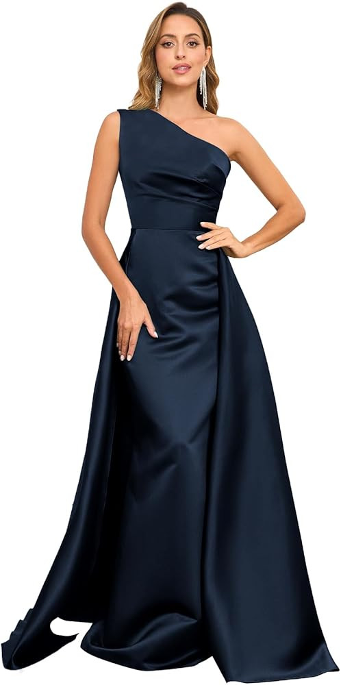 Satin One Shoulder Prom Dresses for Women A-Line Ruched Long Formal Dresses Evening Gown with Ove... | Amazon (US)