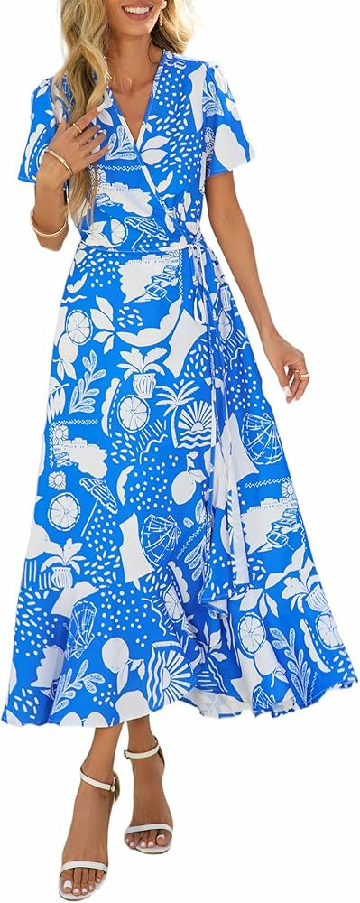 PRETTYGARDEN Women's Boho Floral Maxi Dress Summer Short Sleeve Wrap V Neck Long Flowy Beach Vaca... | Amazon (US)