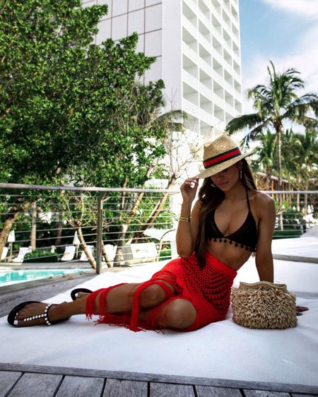 Resort wear / vacation outfit / beach outfit 
Tularosa swimsuit on sale and under $200
Red crochet cover up
Pearl thing sandals 
Gucci straw hat

#LTKsalealert #LTKswim #LTKfindsunder100