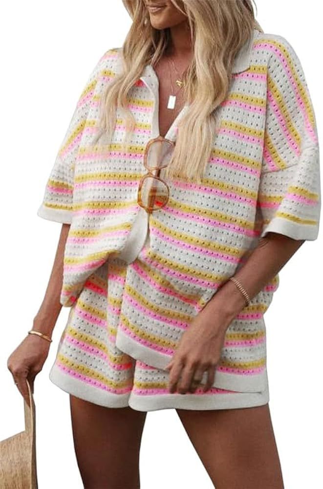 Yuemengxuan Women 2 Piece Knitted Pajamas Set Short Sleeve Striped Crochet Button Down Shirt Shor... | Amazon (US)