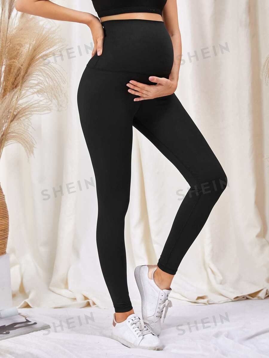 SHEIN Maternity Solid Wide Waistband Sports Leggings | SHEIN