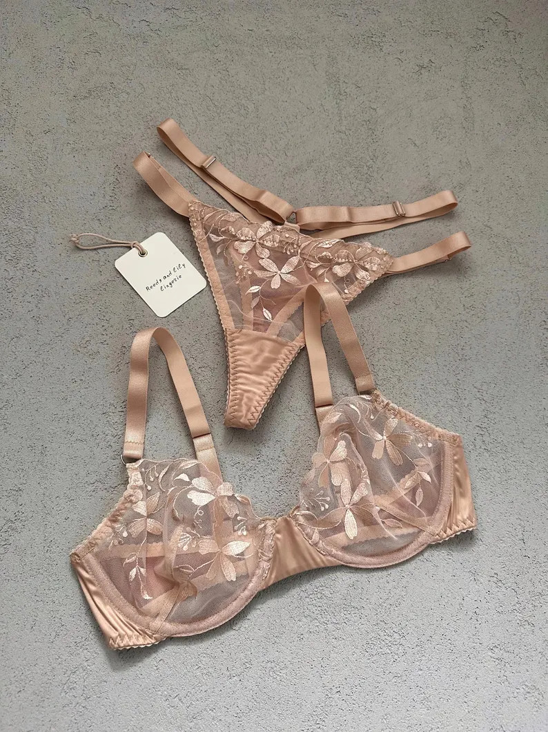 Beige Lingerie, Satin Lingerie Set, Boudoir Bra and Panty Thong, Sensual Lace Underwear, Floral L... | Etsy (US)