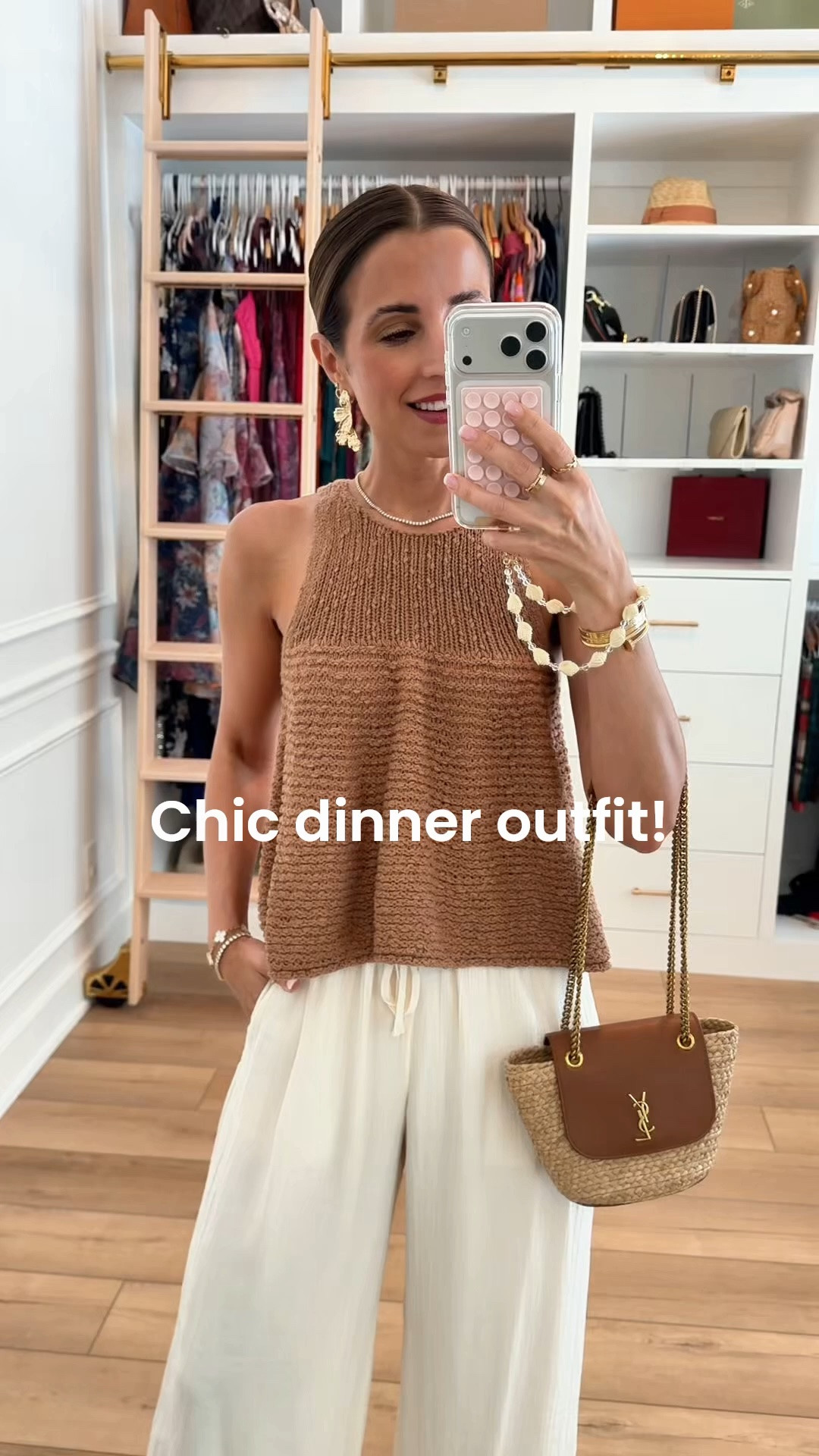 My dinner outfit. Summer outfit. Elevated casual outfit. Resort outfit. Resort wear. Vacation outfit. Europe outfit. New wide leg crinkle pants from Abercrombie in XXS short. Anthropologie sweater tank in XXS. Amazon jelly sandals are TTS. YSL raffia bag.

#LTKootd #LTKTravel #LTKPetite