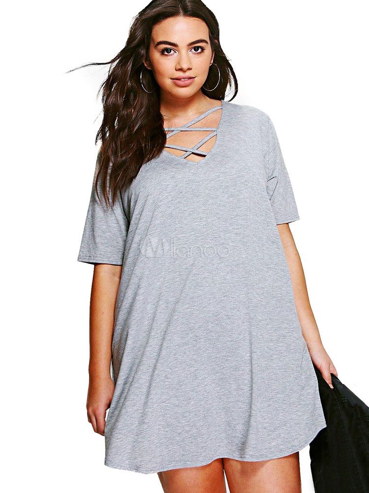 Grey Shift Dress Plus Size Women's V Neck Short Sleeve Criss Cross Casual Dress | Milanoo