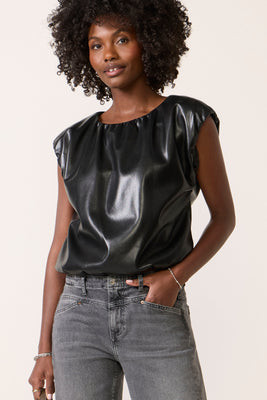 MELISSA NEPTON Women's Radona Faux Leather Bubble Top, Size Large, Black | Evereve