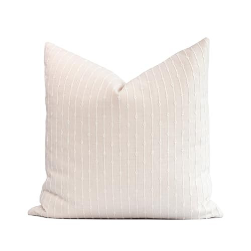 Crumbs Home Coastal Linen Indoor Outdoor Throw Pillow Cover Only, 20"x20" Water Repellent for Patio, Backyard, Couch, Neutral Beige Embroidered Stripes | Amazon (US)