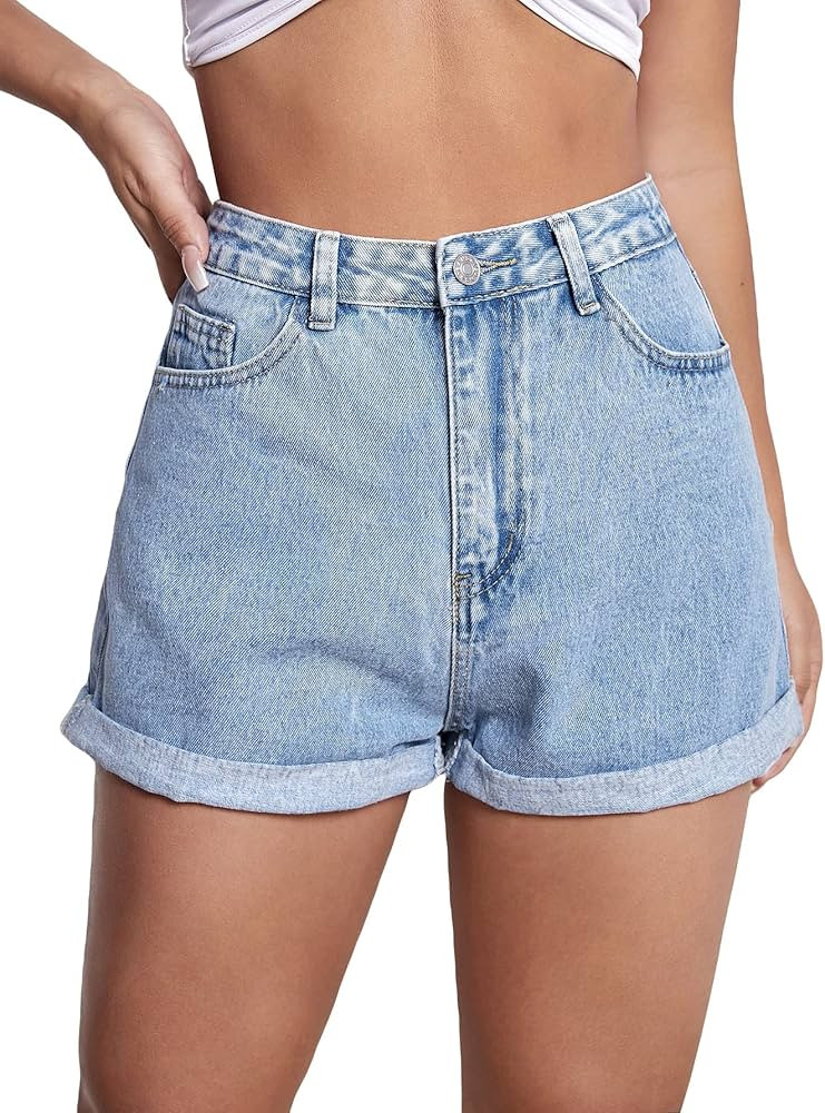 MakeMeChic Women's Skinny Jean Shorts High Waisted Rolled Hem Stretch Denim Shorts | Amazon (US)