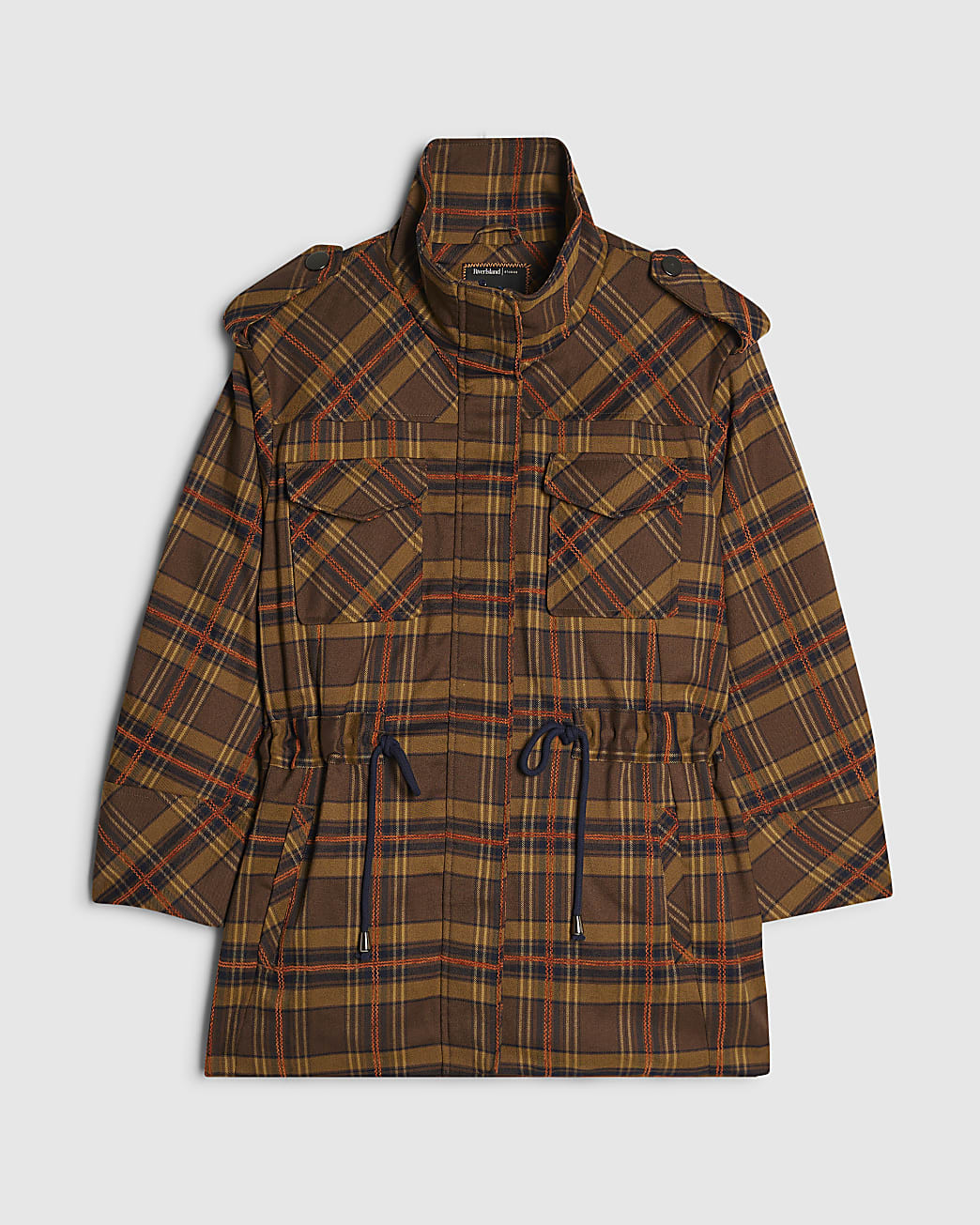 Brown Check Funnel Neck Parka Jacket | River Island UK & IE