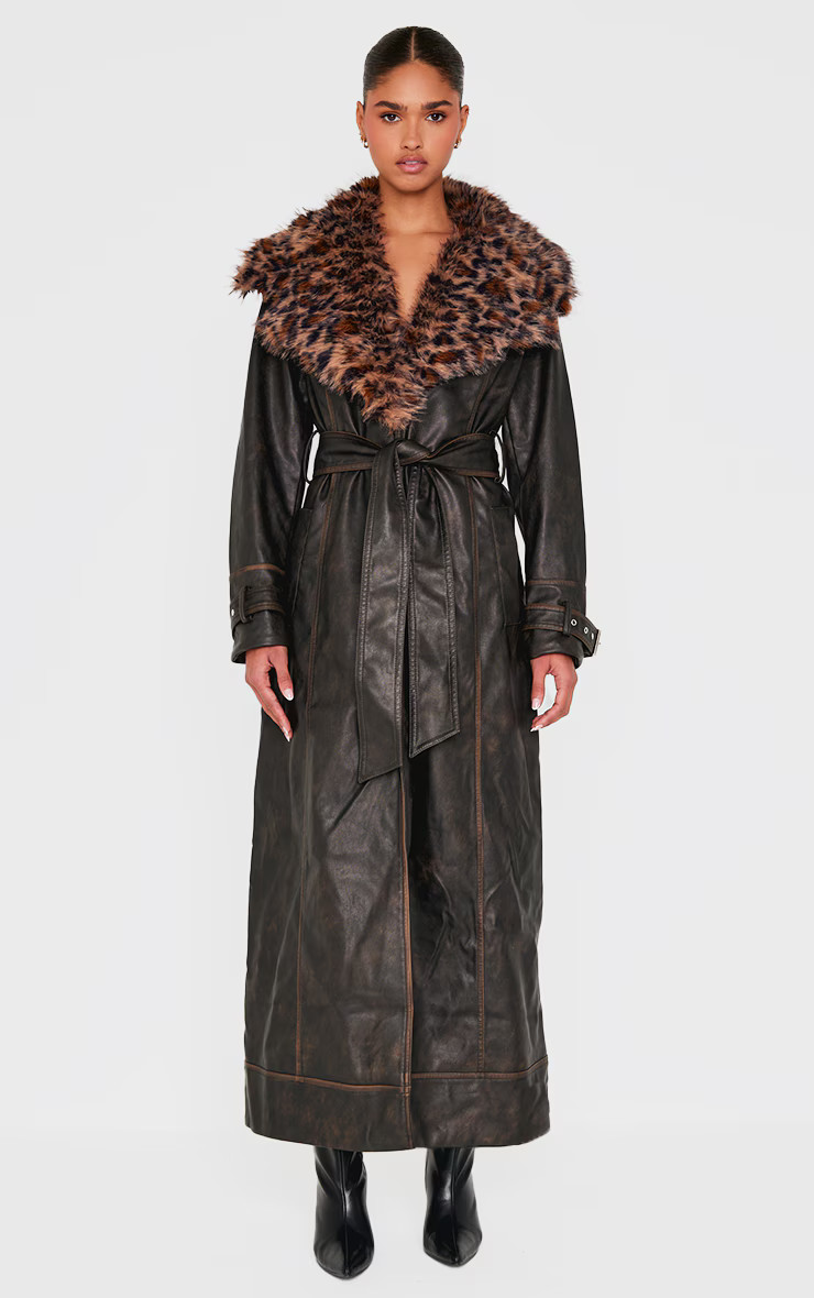 Washed Brown Detachable Leopard Faux Fur Trim PU Trench Coat | PrettyLittleThing US