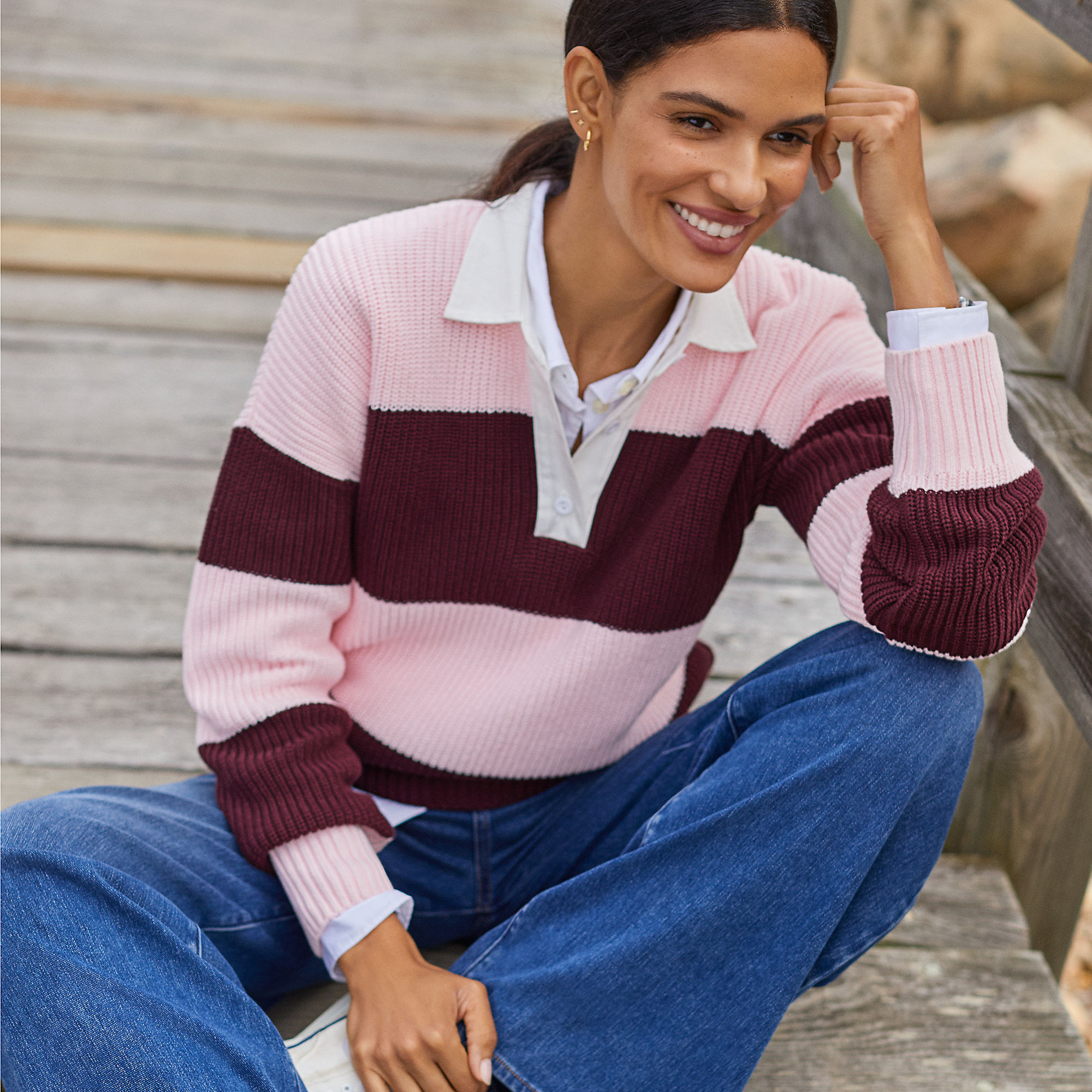 Women's Drifter Rugby with Woven Collar Sweater | Lands' End (US)
