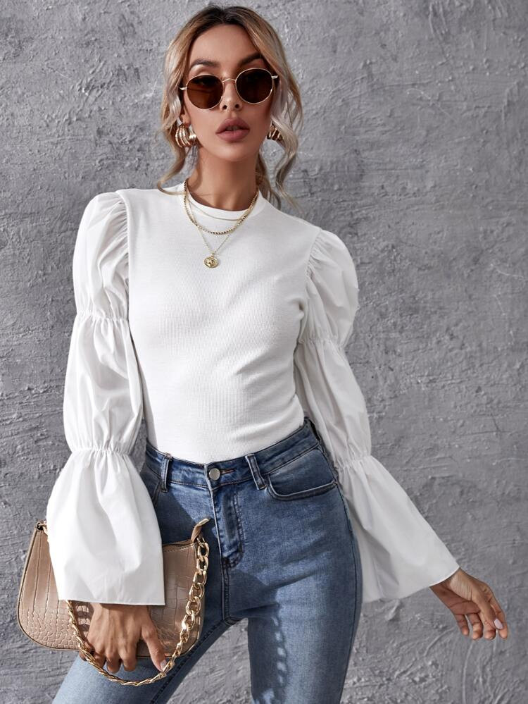 SHEIN Gathered Sleeve Solid Top | SHEIN