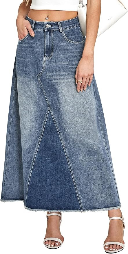 Women's Denim Maxi Skirt High Waist Jean Skirt A-Line Frayed Hem Long Denim Skirt Women Casual | Amazon (US)