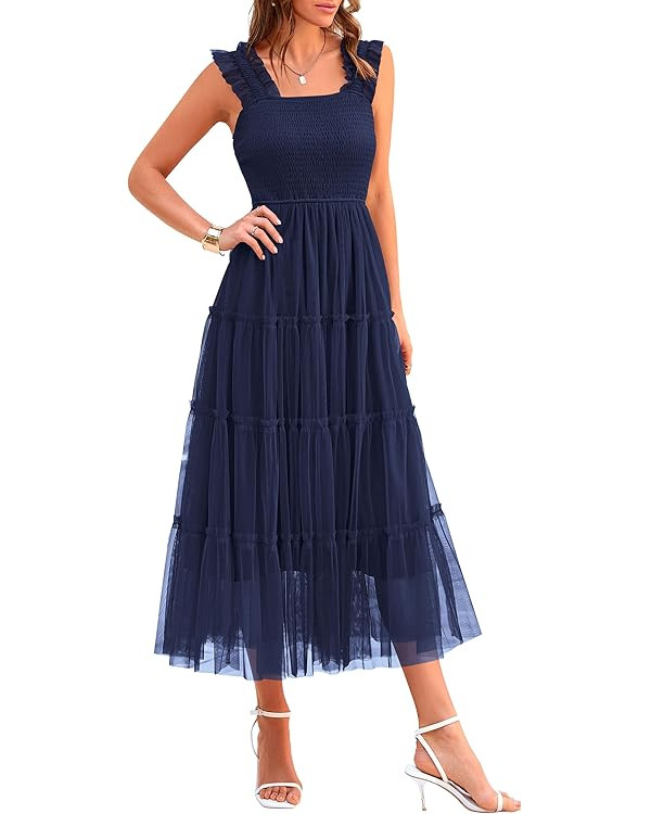 PRETTYGARDEN Women's Summer Tulle Midi Dress Sleeveless Smocked Ruffle Mesh Flowy Dresses Party W... | Amazon (US)