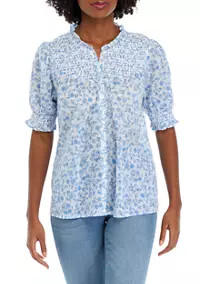 Crown & Ivy™ Women's Short Sleeve Smocked Button Up Printed Top | Belk