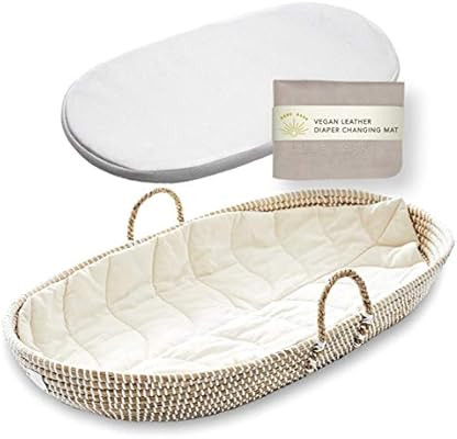 BEBE BASK Premium Baby Changing Basket Set - Handmade Seagrass Changing Table Basket - Luxury Lea... | Amazon (US)