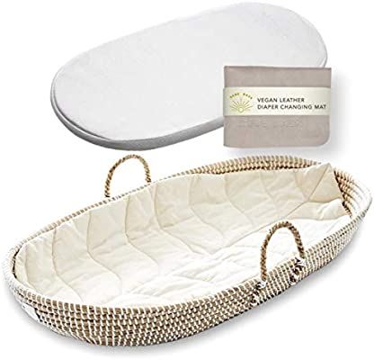 BEBE BASK Premium Baby Changing Basket Set - Handmade Seagrass Changing Table Basket - Luxury Lea... | Amazon (US)