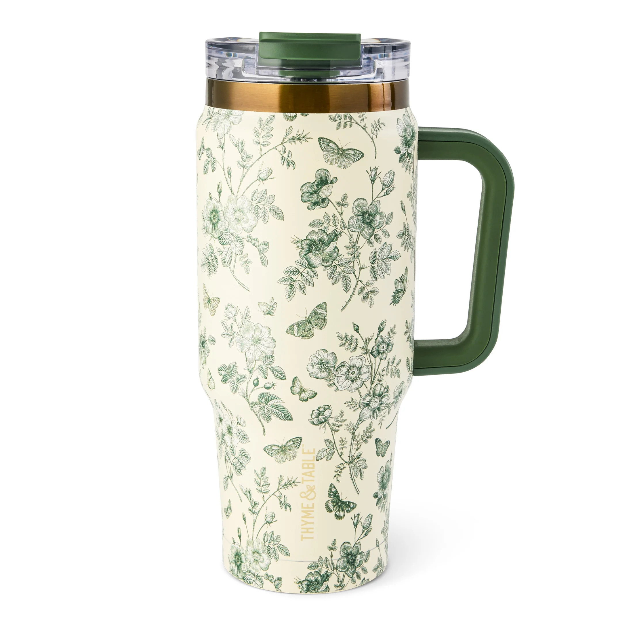 Thyme & Table 32oz Stainless Steel Luna Tumbler with Handle and Dual Straw Lid, Green Floral | Walmart (US)