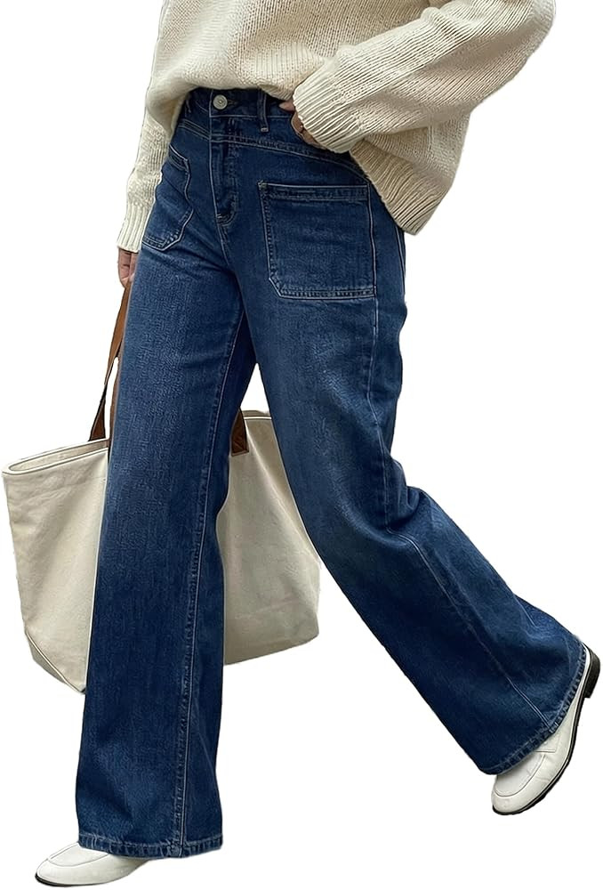 Arach&Cloz Womens Lyocell Cotton Denim Adjustable Waist Stretchy Spring Wide Leg Jeans | Amazon (US)