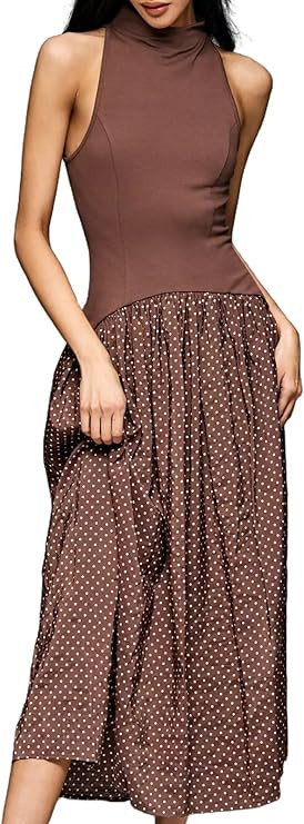 HOULENGS Women's Summer Polka Dot Sleeveless Maxi Dress Patchwork Tank Top Long Sundress Flowy Be... | Amazon (US)