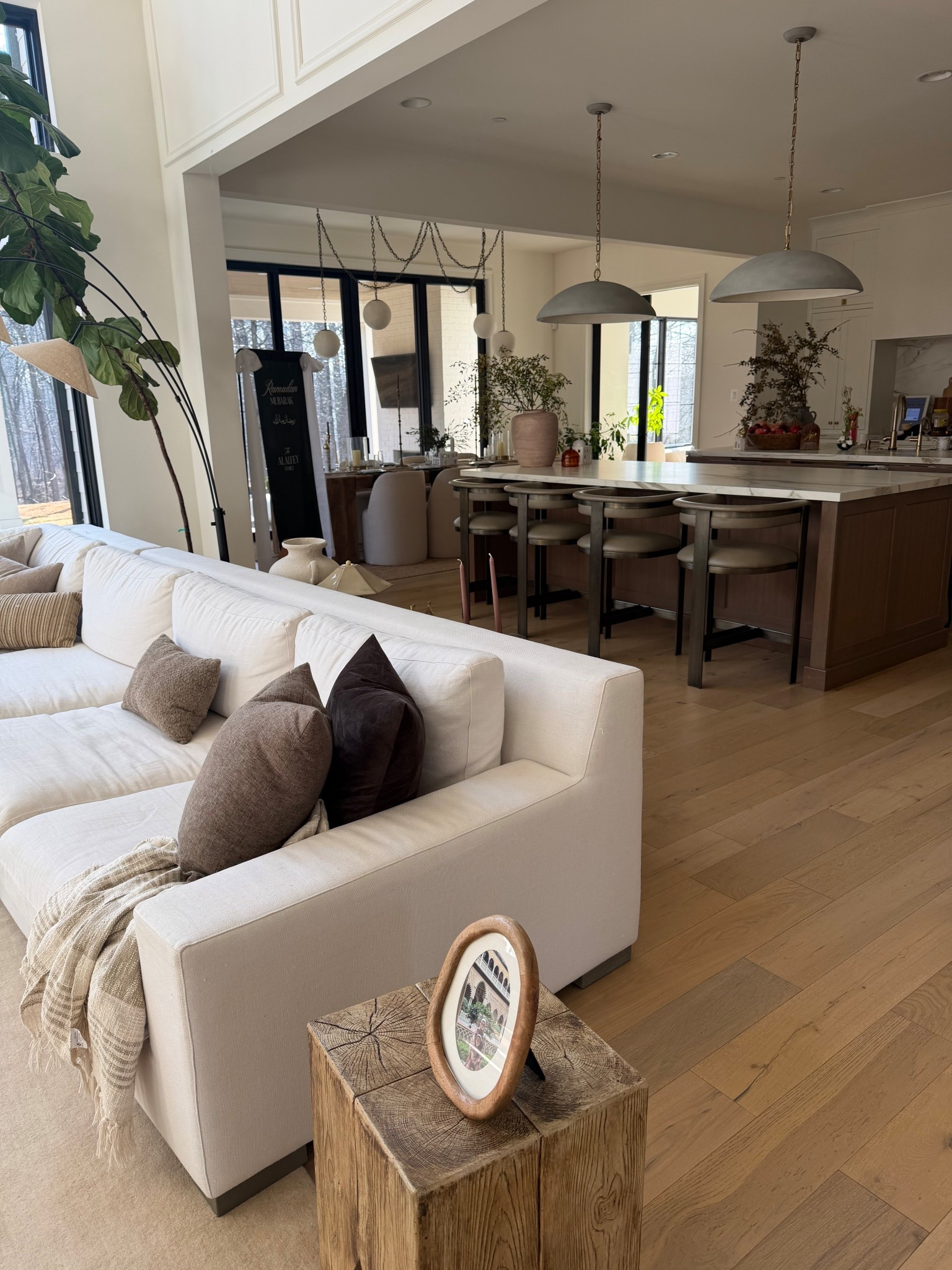 Stools from @Kathy Kuo Home and dinning chairs from @Wayfair and kitchen pendants 