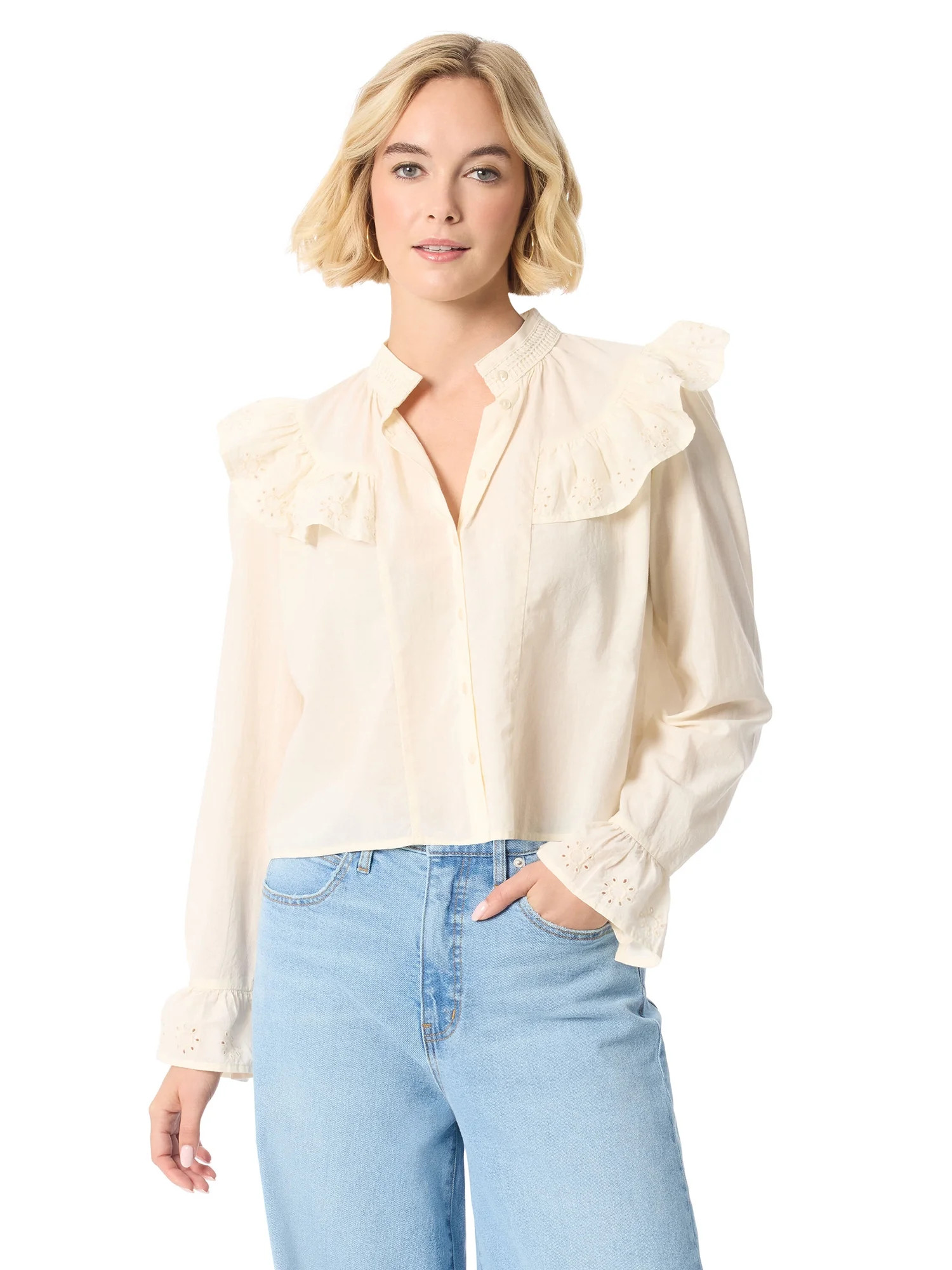Jessica Simpson Women's and Women's Plus Arista Ruffle Long Sleeve Shirt, Sizes XS-5X | Walmart (US)