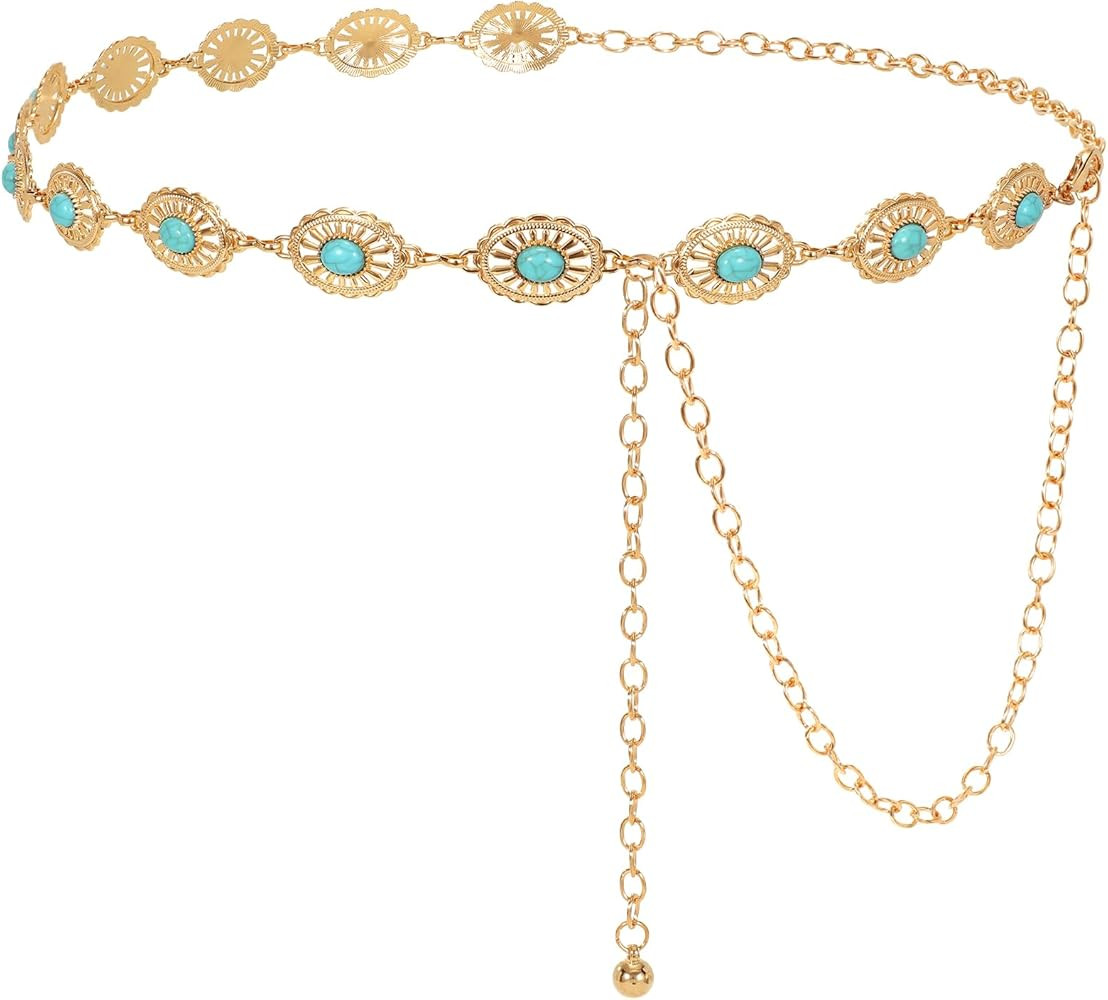 LEACOOLKEY Women Turquoise Concho Chain Waist Belt Silver Western Cowgirl Metal Chain Belt for Dr... | Amazon (US)