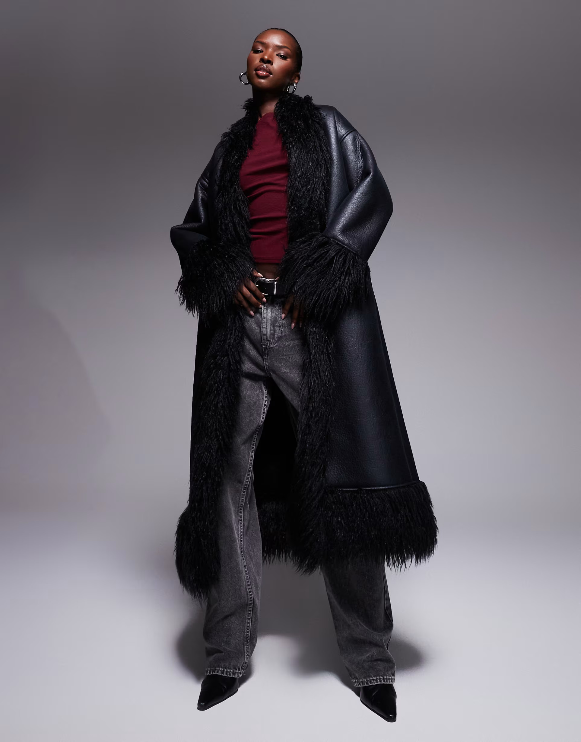 Aria Cove shaggy faux fur trim leather look maxi coat in black | ASOS (Global)