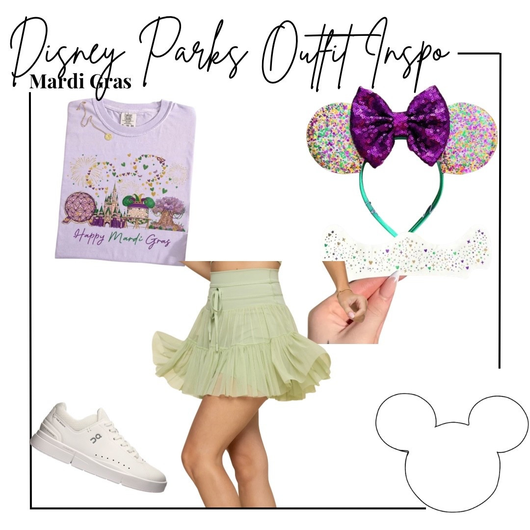 Marie gras Disney outfit - Disney world four icons graphic tee dressed for Mardi Gras, sequin Mardi Gras ears, Mickey Mardi Gras freckles, pistachio pirouette skirt from Popflex, and on Rodgers white sneakers 

#LTKTravel #LTKSeasonal #LTKootd