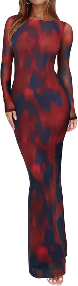 REORIA Women's Fall Mesh Sheer Long Sleeve Wedding Guest Dress Sexy Floral Bodycon Maxi Long Dres... | Amazon (US)