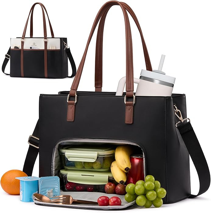 LOVEVOOK Lunch Bag for Women, Leather Work Laptop Tote Bag with Insulated Lunch Compartment&Cup H... | Amazon (US)