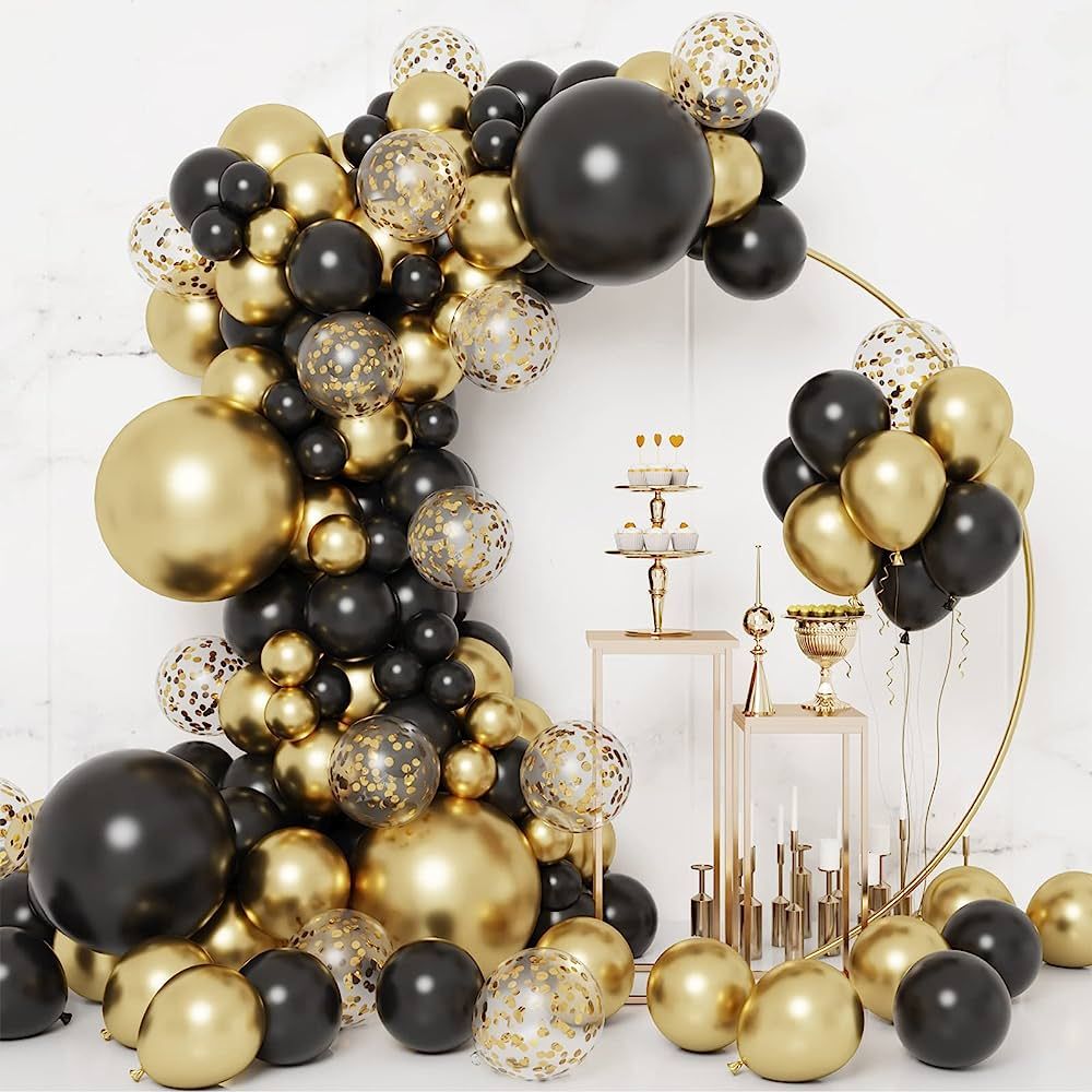 RUBFAC 133pcs Black and Gold Balloons Garland Arch Kit, Black Metal Gold and Metallic Confetti Go... | Amazon (US)