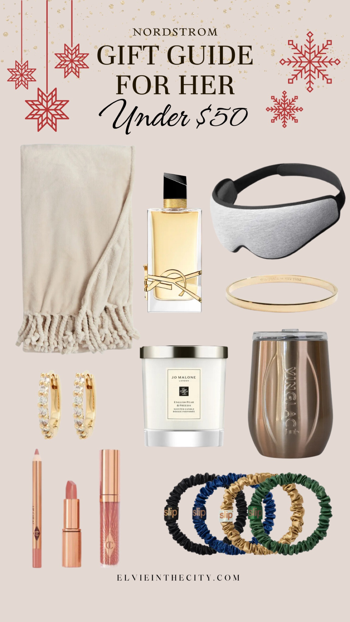 This gift guide for her is all from Nordstrom and everything is under $50. Ideas include a cozy blanket, YLS perfume, an eye mask, a bangle bracelet, hoop earrings, a Jo Malone candle, a stainless steel stemless wine glass, a Charlotte Tilbury lip set, and Slip silk scrunchies. 

Gifts for her, gifts for mom, gifts for her under 50, gift guide for her

#LTKFindsUnder50 #LTKStyleTip #LTKGiftGuide