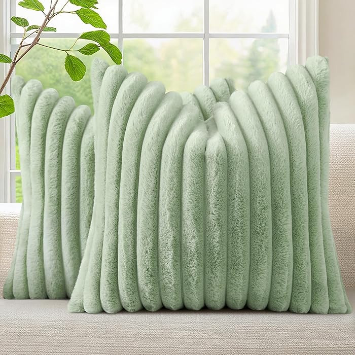decorUhome Summer Cozy Faux Fur Throw Pillow Covers 18x18 Set of 2 Decorative Soft Plush Striped ... | Amazon (US)