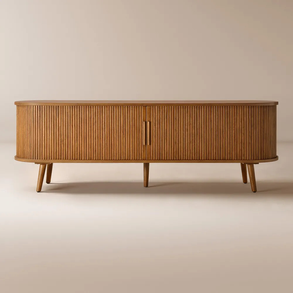 Hernest | 70 inch Oval Wooden TV Stand with Tambour Door Cabinets & Solid Wood Legs | Hernest