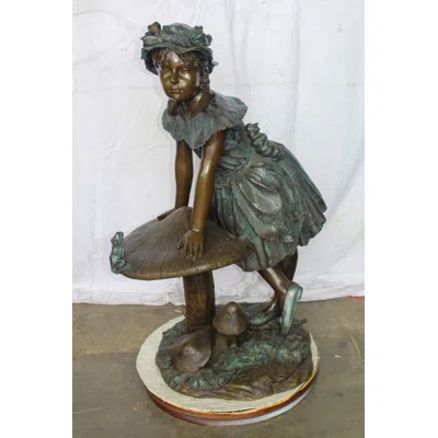 Nifao Collection Elegant Girl Standing by a Frog on a Mushroom Bronze Fountain 31" x 20" x 43"H | Wayfair North America