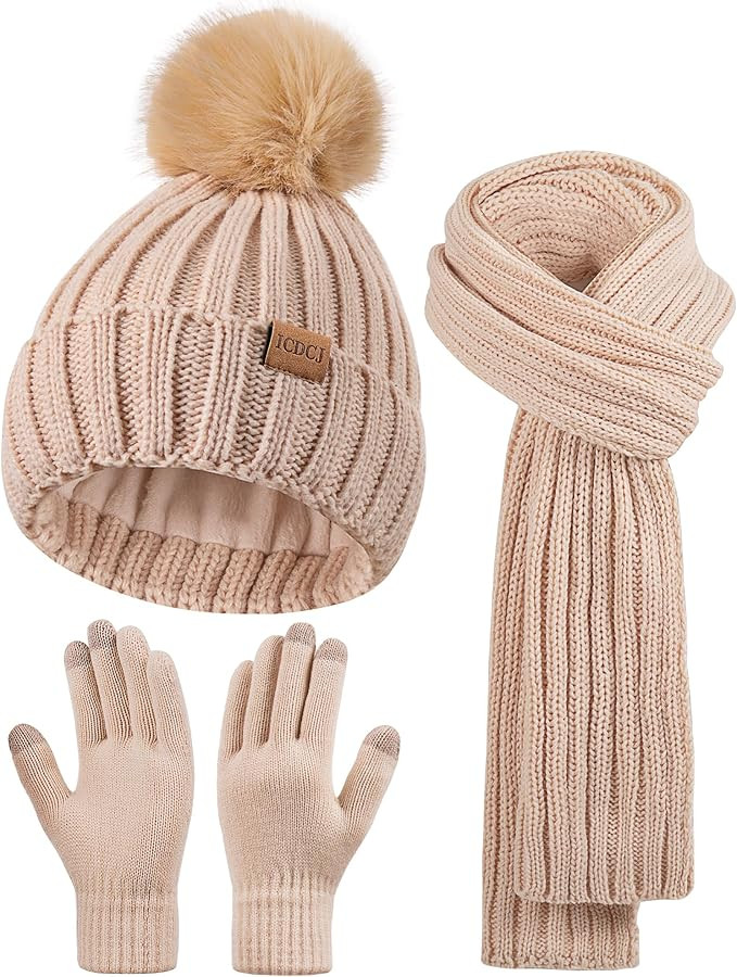 Winter Beanie Hat Scarf Gloves Set for Women Fleece Lined PomPom Hat Touchscreen Gloves | Amazon (US)