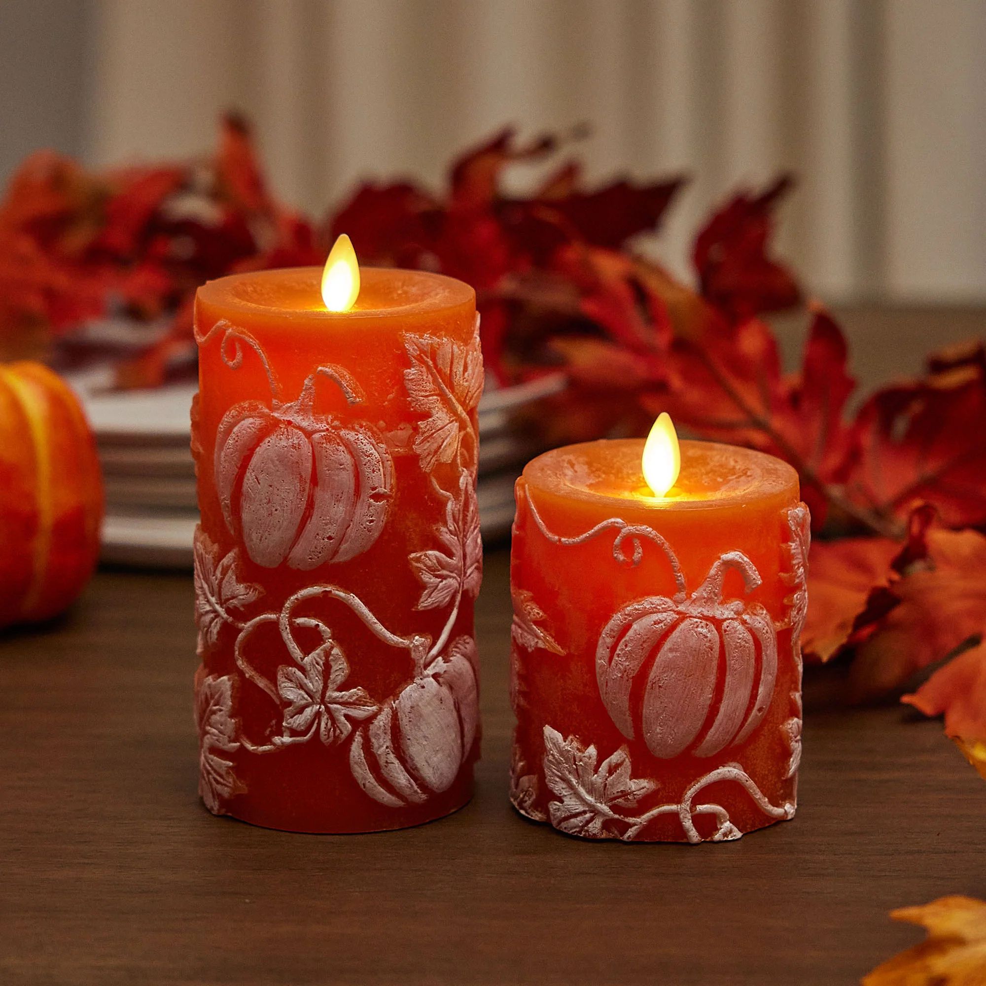 Harvest Pumpkin Embossed Leaves & Pumpkins Flameless Candle Pillar | Luminara