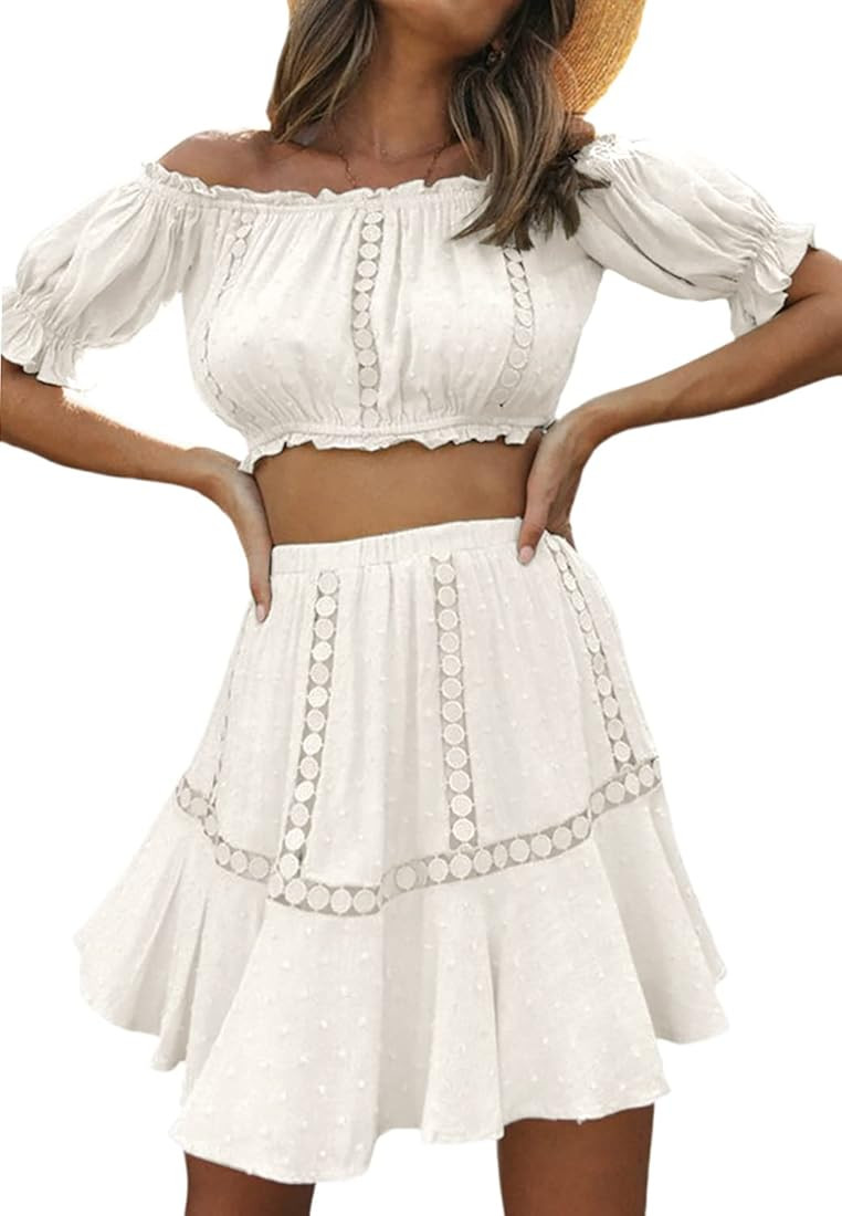 Rooscier Women's 2 Pcs Swiss Dots Off Shoulder Puff Sleeve Crop Top Swing Mini Skirt Set | Amazon (US)