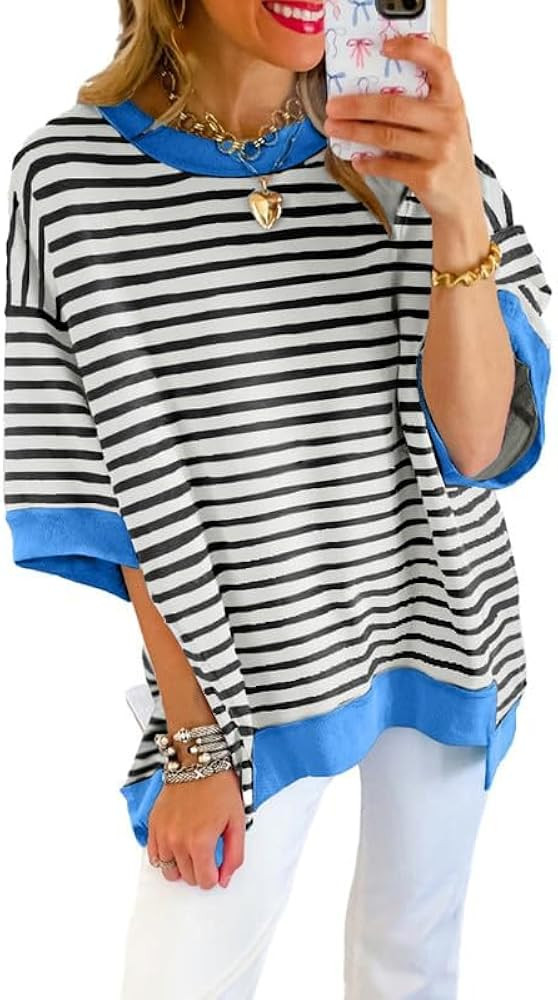 SHEWIN Womens Tops Casual Short Sleeve Sweatshirt Crewneck Striped Shirt Pullover T Shirts Loose ... | Amazon (US)