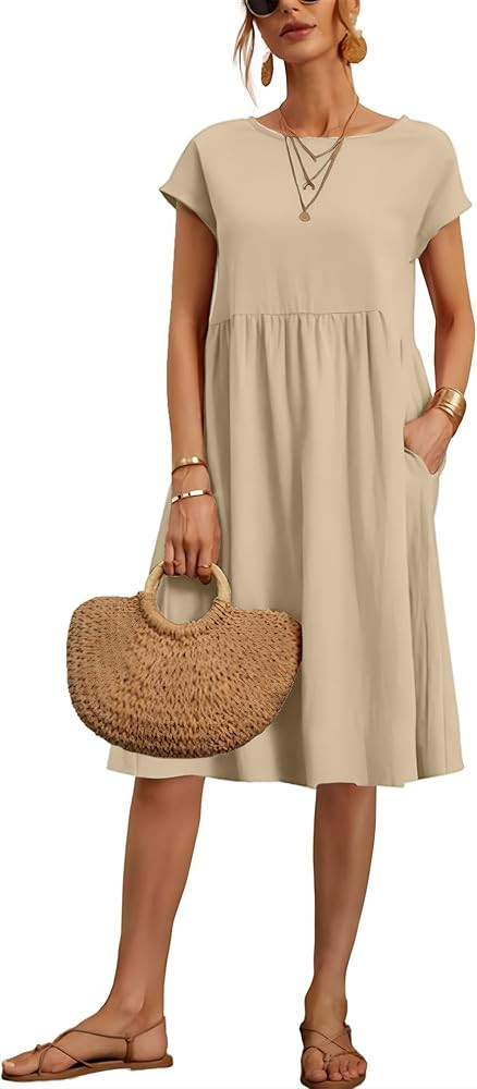 Larmliss Baggy Crew Neck Dress for Women Casual Comfy Cotton Short Sleeve Tunic Beach Dresses wit... | Amazon (US)