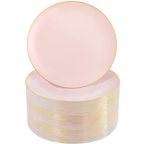 Nervure 100PCS Pink and Gold Plastic Plates - 10.25 inch Pink Disposable Plates with Gold Rim - Pink Party Plates - Pink Dinner Plates Ideal for Wedding & Party | Amazon (US)